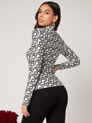 Verdusa Women's Mock Neck Long Sleeve Marble Mesh Slim Fitted Tee Top in Saudi Arabia