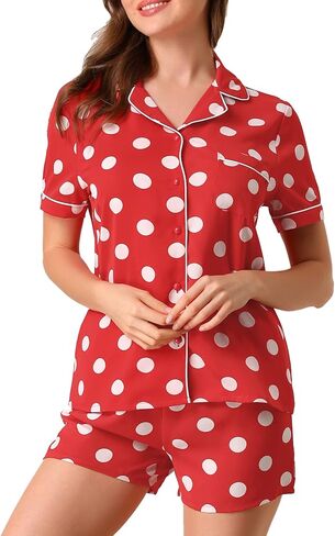 Allegra K Womens Short Sleeve Notch Collar Piped Button Down Sleepwear Polka Dots Pajama Sets in Saudi Arabia