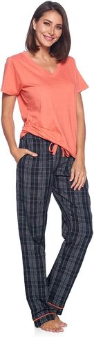 Ashford & Brooks Women's Short Sleeve Pajamas Set | Woven Plaid Sleepwear & Loungewear Jersey Shirt PJ Pants Set in Saudi Arabia