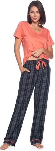 Ashford & Brooks Women's Short Sleeve Pajamas Set | Woven Plaid Sleepwear & Loungewear Jersey Shirt PJ Pants Set in Saudi Arabia