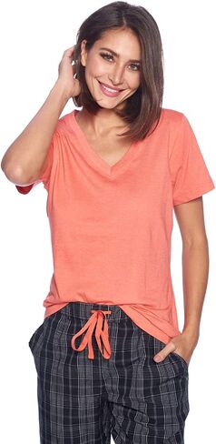 Ashford & Brooks Women's Short Sleeve Pajamas Set | Woven Plaid Sleepwear & Loungewear Jersey Shirt PJ Pants Set in Saudi Arabia