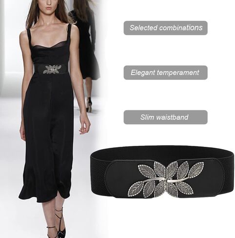 Weenkeey Wide Elastic Waist Belt Vintage Wide Waist Belt Fashion Cinch Belt with Leaf Buckle for Dress Shirts Coat - Black, black, One size in Kuwait