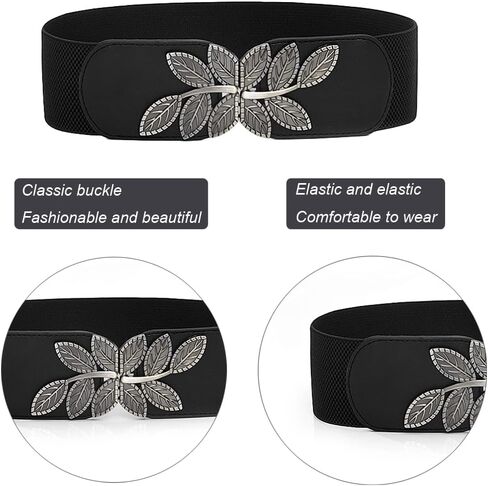 Weenkeey Wide Elastic Waist Belt Vintage Wide Waist Belt Fashion Cinch Belt with Leaf Buckle for Dress Shirts Coat - Black, black, One size in Kuwait