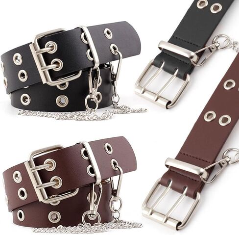 أحزمة جلدية من SUMGOGO ذات جروميت مزدوج للنساء حزام فاسق مع سلسلة جينز للنساء والرجال أحزمة بفتحتين بعرض 1.5 in Kuwait