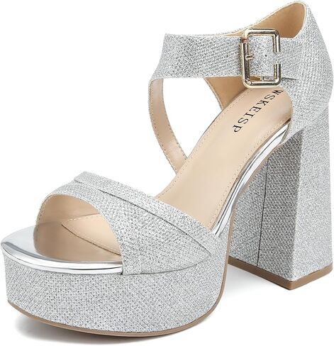 WSKEISP Platform Chunky Heels for Women Trendy Square Toe Heeled Sandals Black White Pink Silver Gold High Heels Ankle Strap Party Wedding Dress Pumps in Kuwait