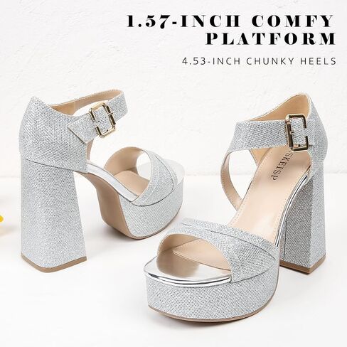 WSKEISP Platform Chunky Heels for Women Trendy Square Toe Heeled Sandals Black White Pink Silver Gold High Heels Ankle Strap Party Wedding Dress Pumps in Kuwait