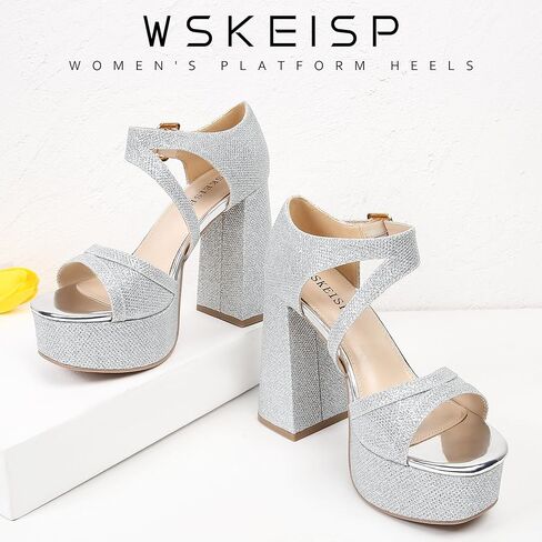 WSKEISP Platform Chunky Heels for Women Trendy Square Toe Heeled Sandals Black White Pink Silver Gold High Heels Ankle Strap Party Wedding Dress Pumps in Kuwait
