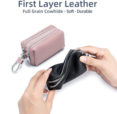 حافظة مفاتيح السيارة من الجلد الطبيعي، محفظة بسحاب مزدوج للجنسين ومحفظة للعملات المعدنية مع خطاف معدني (أصفر) in Kuwait