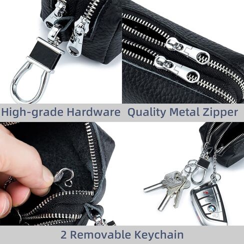 حافظة مفاتيح السيارة من الجلد الطبيعي، محفظة بسحاب مزدوج للجنسين ومحفظة للعملات المعدنية مع خطاف معدني (أصفر) in Kuwait