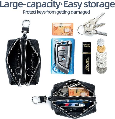 حافظة مفاتيح السيارة من الجلد الطبيعي، محفظة بسحاب مزدوج للجنسين ومحفظة للعملات المعدنية مع خطاف معدني (أصفر) in Kuwait