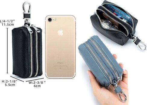 حافظة مفاتيح السيارة من الجلد الطبيعي، محفظة بسحاب مزدوج للجنسين ومحفظة للعملات المعدنية مع خطاف معدني (أصفر) in Kuwait