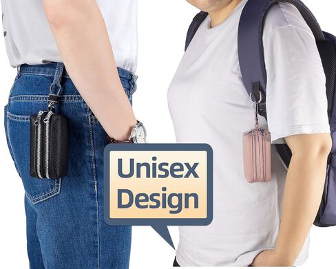 حافظة مفاتيح السيارة من الجلد الطبيعي، محفظة بسحاب مزدوج للجنسين ومحفظة للعملات المعدنية مع خطاف معدني (أصفر) in Kuwait