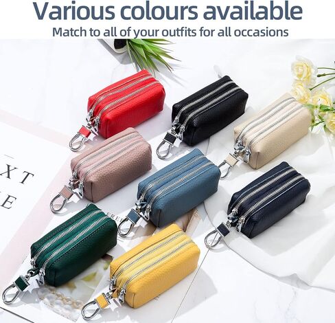 حافظة مفاتيح السيارة من الجلد الطبيعي، محفظة بسحاب مزدوج للجنسين ومحفظة للعملات المعدنية مع خطاف معدني (أصفر) in Kuwait