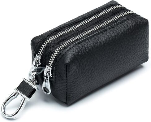 حافظة مفاتيح السيارة من الجلد الطبيعي، محفظة بسحاب مزدوج للجنسين ومحفظة للعملات المعدنية مع خطاف معدني (أصفر) in Kuwait