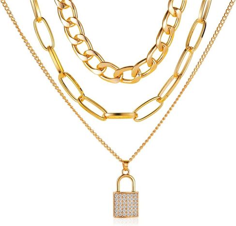 Chunky Lock Chain Pendant Necklace for Women Teen Girls Gold Silver Plated Punk Statement Layered Paperclip Chain Chic Rhinestone Cubic Zirconia Padlock Link Choker Necklace for Hip Hop Trendy Jewelry Gifts in Saudi Arabia