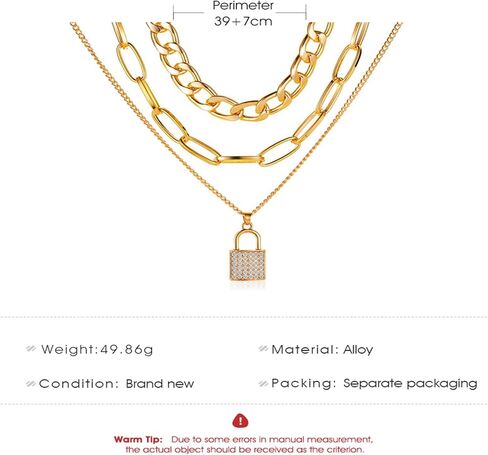 Chunky Lock Chain Pendant Necklace for Women Teen Girls Gold Silver Plated Punk Statement Layered Paperclip Chain Chic Rhinestone Cubic Zirconia Padlock Link Choker Necklace for Hip Hop Trendy Jewelry Gifts in Saudi Arabia
