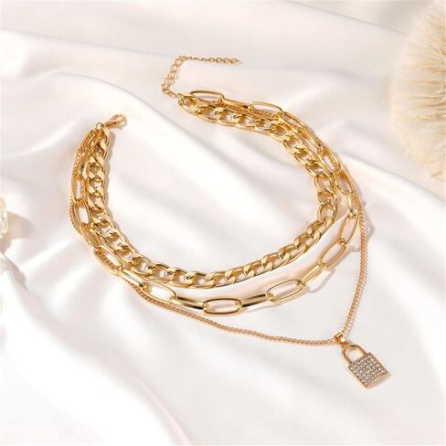 Chunky Lock Chain Pendant Necklace for Women Teen Girls Gold Silver Plated Punk Statement Layered Paperclip Chain Chic Rhinestone Cubic Zirconia Padlock Link Choker Necklace for Hip Hop Trendy Jewelry Gifts in Saudi Arabia