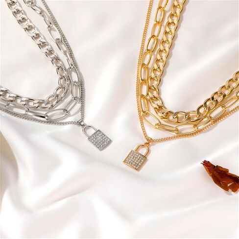 Chunky Lock Chain Pendant Necklace for Women Teen Girls Gold Silver Plated Punk Statement Layered Paperclip Chain Chic Rhinestone Cubic Zirconia Padlock Link Choker Necklace for Hip Hop Trendy Jewelry Gifts in Saudi Arabia