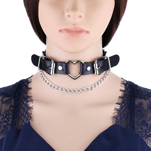 Women Heart Leather Choker Necklace Girls Punk Rock Chain Rivet PU Collar Necklace Adjustable in Saudi Arabia