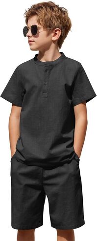 Arshiner Boy's 2 Pieces Cotton Linen Set Casual Henley Shirts Short Sleeve Beach Shorts Summer Outfits in Saudi Arabia