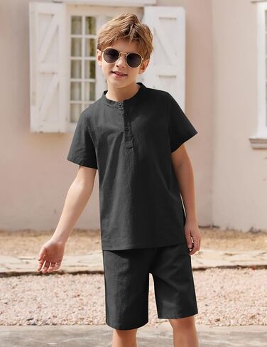 Arshiner Boy's 2 Pieces Cotton Linen Set Casual Henley Shirts Short Sleeve Beach Shorts Summer Outfits in Saudi Arabia