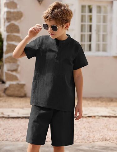 Arshiner Boy's 2 Pieces Cotton Linen Set Casual Henley Shirts Short Sleeve Beach Shorts Summer Outfits in Saudi Arabia