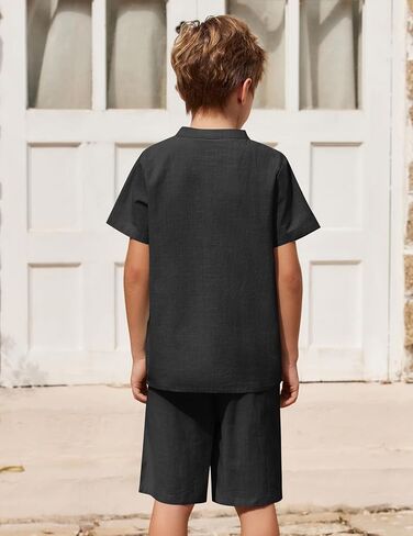 Arshiner Boy's 2 Pieces Cotton Linen Set Casual Henley Shirts Short Sleeve Beach Shorts Summer Outfits in Saudi Arabia