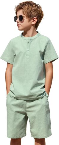 Arshiner Boy's 2 Pieces Cotton Linen Set Casual Henley Shirts Short Sleeve Beach Shorts Summer Outfits in Saudi Arabia
