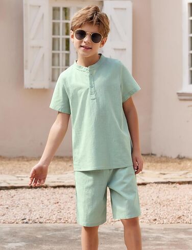 مجموعة Arshiner Boy's قطعتين من القطن والكتان قمصان هينلي كاجوال بأكمام قصيرة شورتات للشاطئ ملابس صيفية in Kuwait