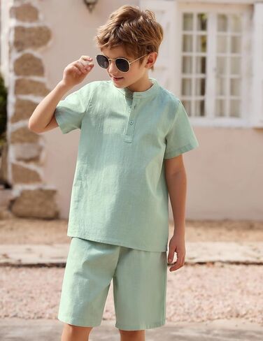 مجموعة Arshiner Boy's قطعتين من القطن والكتان قمصان هينلي كاجوال بأكمام قصيرة شورتات للشاطئ ملابس صيفية in Kuwait