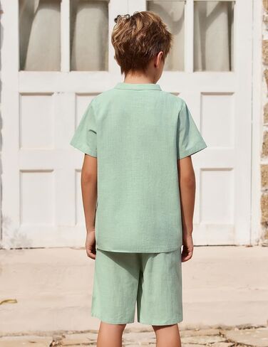 مجموعة Arshiner Boy's قطعتين من القطن والكتان قمصان هينلي كاجوال بأكمام قصيرة شورتات للشاطئ ملابس صيفية in Kuwait