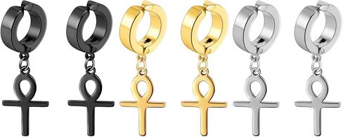Clip On Ankh Cross Dangle Hinged Non-Piercing Hoop Earrings for Men Women, Stainless Steel Egyptian Earrings Jewelry in Kuwait