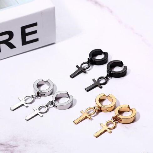Clip On Ankh Cross Dangle Hinged Non-Piercing Hoop Earrings for Men Women, Stainless Steel Egyptian Earrings Jewelry in Kuwait