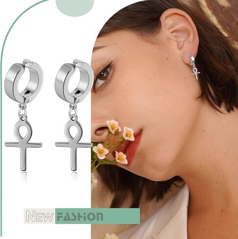 Clip On Ankh Cross Dangle Hinged Non-Piercing Hoop Earrings for Men Women, Stainless Steel Egyptian Earrings Jewelry in Kuwait