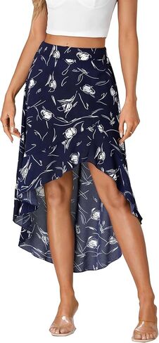 LYANER Women's Boho Floral Print Elastic High Waist Ruffle Hem A Line Flowy Midi Skirts in Saudi Arabia