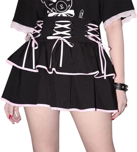 Black Gothic Mini Skirt for Women Pink Lace Tied High Waist Layer Flare Skirt in Saudi Arabia