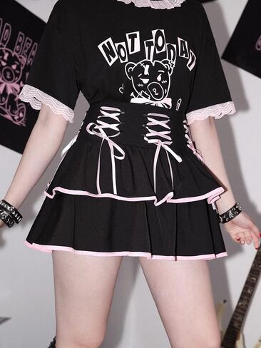 Black Gothic Mini Skirt for Women Pink Lace Tied High Waist Layer Flare Skirt in Saudi Arabia