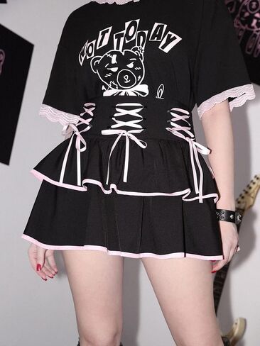 Black Gothic Mini Skirt for Women Pink Lace Tied High Waist Layer Flare Skirt in Saudi Arabia