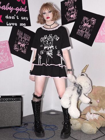 Black Gothic Mini Skirt for Women Pink Lace Tied High Waist Layer Flare Skirt in Saudi Arabia