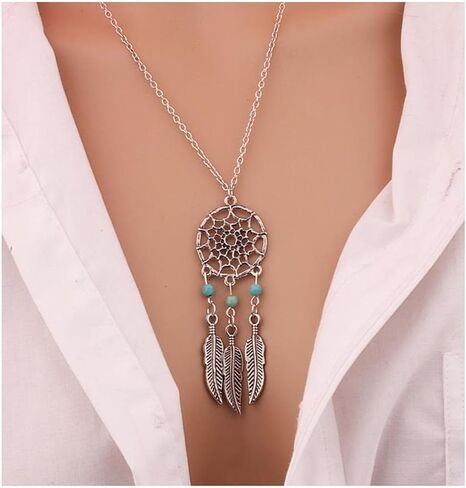 Bohemian Dream Catcher Necklace for Women Girls Tassel Feather Turquoise Beads Long Chain Necklace Boho Vintage Tribal Dream Catcher Pendant Necklace Party Festival Birthday Anniversary Jewelry Gifts in Saudi Arabia