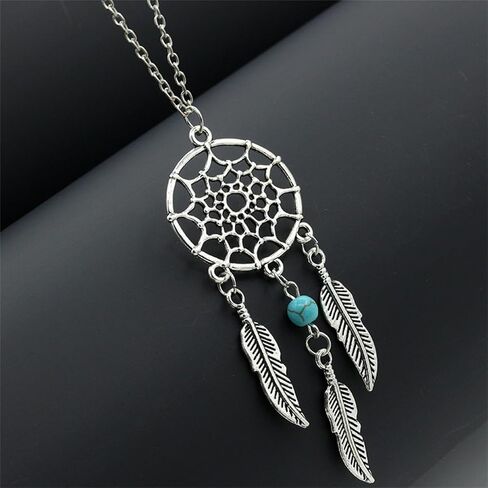 Bohemian Dream Catcher Necklace for Women Girls Tassel Feather Turquoise Beads Long Chain Necklace Boho Vintage Tribal Dream Catcher Pendant Necklace Party Festival Birthday Anniversary Jewelry Gifts in Saudi Arabia
