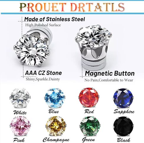 8 أزواج من الأقراط المصنوعة من الفولاذ المقاوم للصدأ غير المثقوبة بألوان مكعبة الزركونيوم مجموعة أقراط مغناطيسية للنساء والرجال in Kuwait