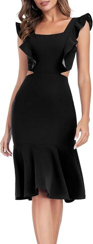 Jusfitsu Women's Square Neck Bodycon Midi Dresses Ruffle Sleeve Dress in Saudi Arabia