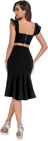 Jusfitsu Women's Square Neck Bodycon Midi Dresses Ruffle Sleeve Dress in Saudi Arabia