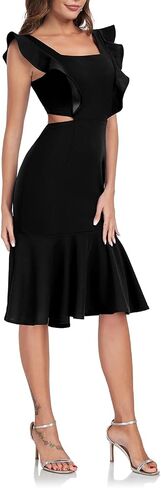 Jusfitsu Women's Square Neck Bodycon Midi Dresses Ruffle Sleeve Dress in Saudi Arabia