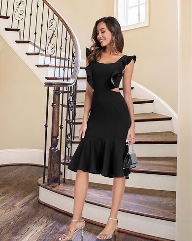 Jusfitsu Women's Square Neck Bodycon Midi Dresses Ruffle Sleeve Dress in Saudi Arabia