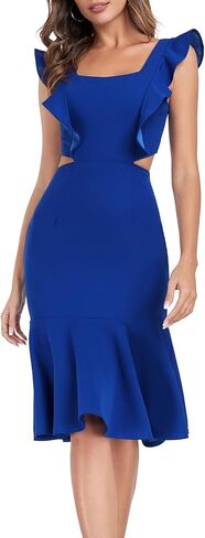 Jusfitsu Women's Square Neck Bodycon Midi Dresses Ruffle Sleeve Dress in Saudi Arabia