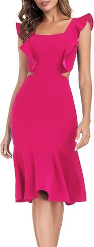 فستان Jusfitsu نسائي برقبة مربعة متوسط ​​الطول وأكمام مكشكشة in Kuwait