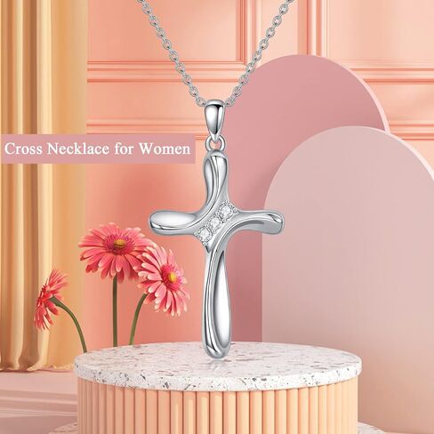 Moissanite Diamond Cross Necklace for Women 18K White Gold Plated Silver Crucifix Cross Pendant Necklace Faith Jewelry Birthday Mother's Day Gift for Her Mom, 18+2 Inch in Saudi Arabia