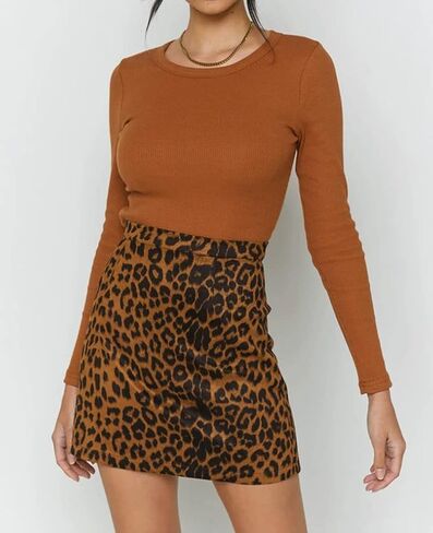 Women's Faux Suede Leopard Print High Waist Vintage Bodycon A-Line Mini Skirt in Saudi Arabia